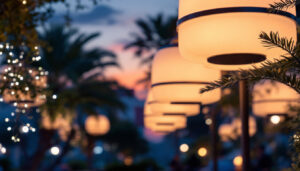 A photograph of a beautifully illuminated outdoor space featuring large light fixtures