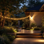 A photograph of a beautifully illuminated outdoor space featuring motion-activated lighting in action