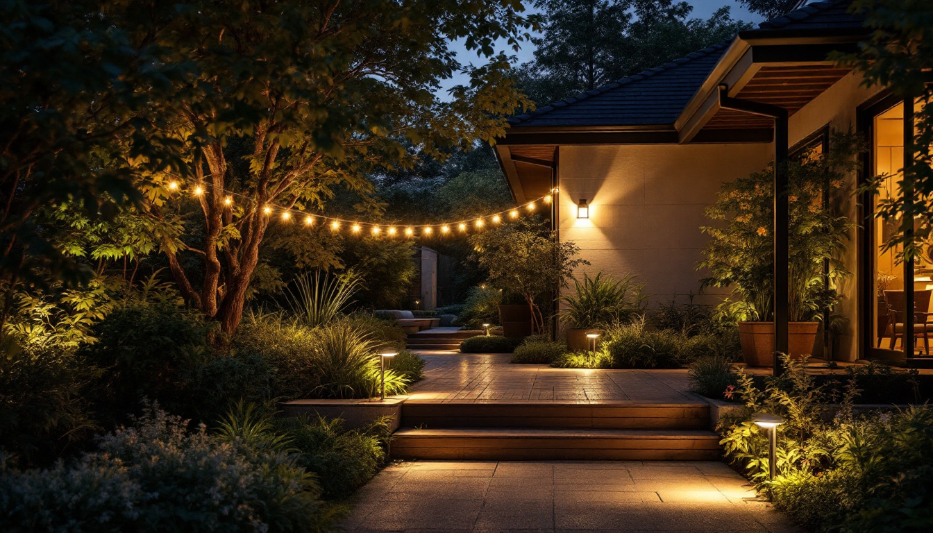 A photograph of a beautifully illuminated outdoor space featuring motion-activated lighting in action
