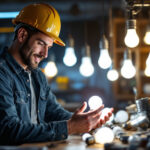 A photograph of a lighting contractor examining a variety of bright light bulbs in a well-lit workshop