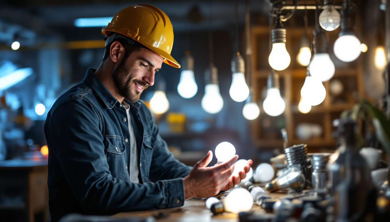 A photograph of a lighting contractor examining a variety of bright light bulbs in a well-lit workshop