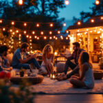 A photograph of a cozy outdoor patio scene illuminated by vibrant led string lights