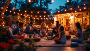 A photograph of a cozy outdoor patio scene illuminated by vibrant led string lights