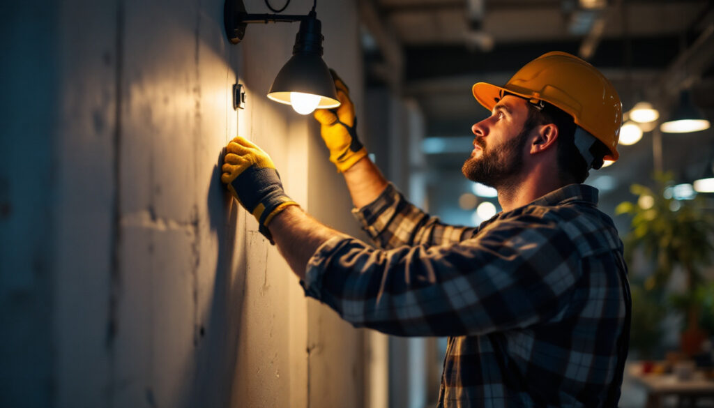 A photograph of a skilled lighting contractor installing or adjusting led work lights in a well-lit