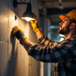A photograph of a skilled lighting contractor installing or adjusting led work lights in a well-lit