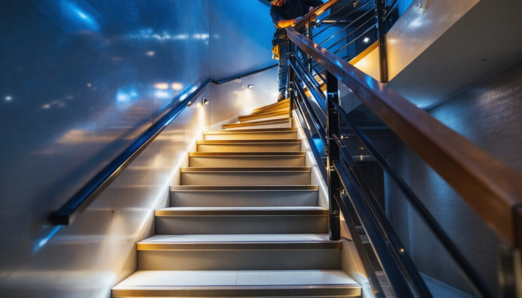 A photograph of a well-lit indoor metal staircase featuring stylish led lighting