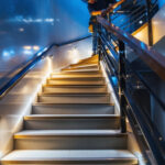 A photograph of a well-lit indoor metal staircase featuring stylish led lighting