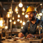 A photograph of a modern lighting contractor examining a variety of normal light bulbs in a well-lit workspace
