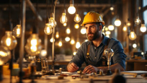 A photograph of a modern lighting contractor examining a variety of normal light bulbs in a well-lit workspace