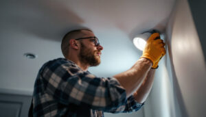 A photograph of capture a photograph of a lighting contractor installing recessed lighting clips in a ceiling