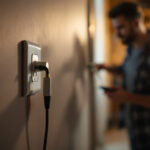 A photograph of a professional lighting contractor installing a lockable plug in a residential or commercial setting