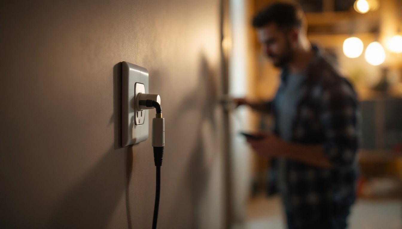 A photograph of a professional lighting contractor installing a lockable plug in a residential or commercial setting