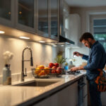 A photograph of a well-lit kitchen featuring under cabinet led lights