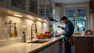 A photograph of a well-lit kitchen featuring under cabinet led lights