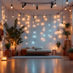 A photograph of a well-lit interior space showcasing various string led lighting installations