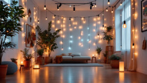 A photograph of a well-lit interior space showcasing various string led lighting installations