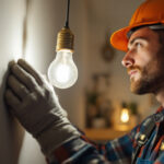 A photograph of a lighting contractor inspecting a flickering bulb in a residential setting