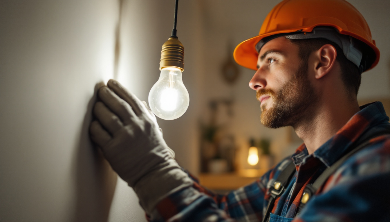 A photograph of a lighting contractor inspecting a flickering bulb in a residential setting