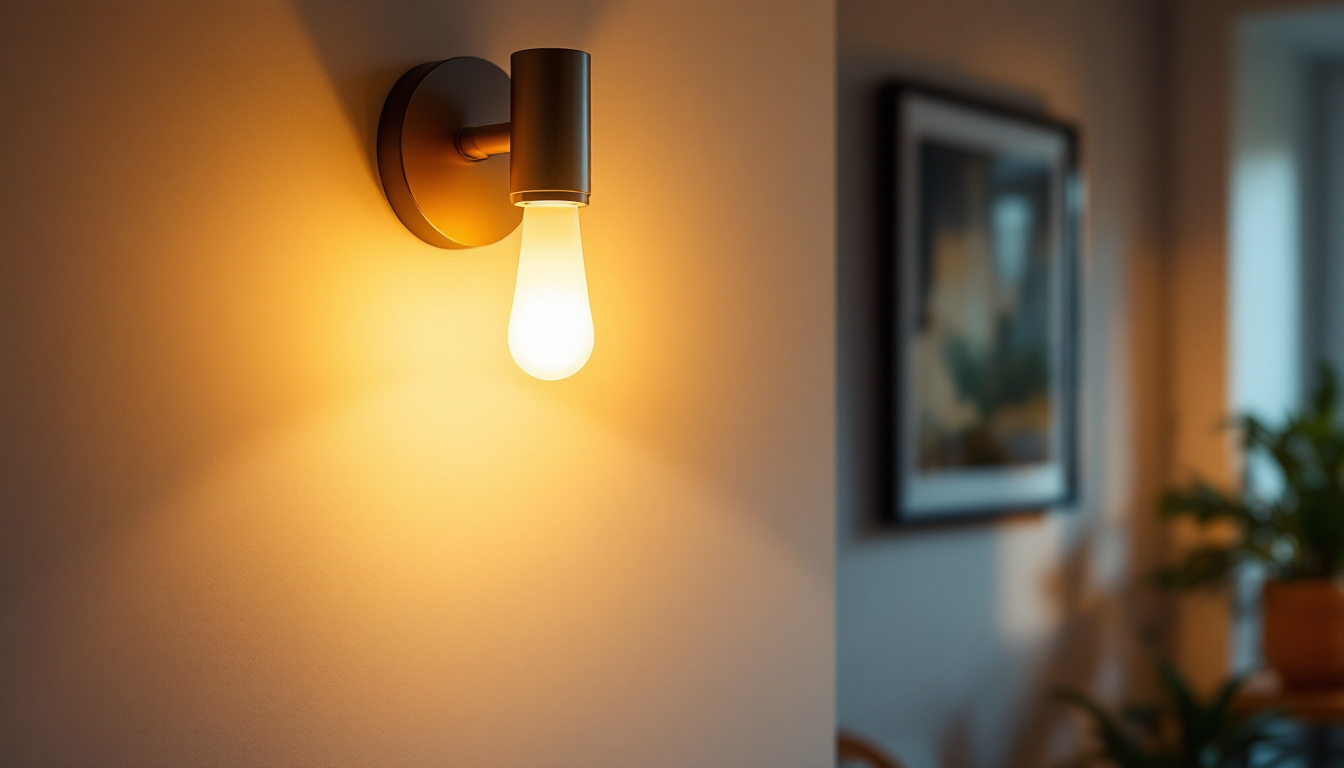 A photograph of a beautifully designed bright wall lamp illuminating a stylish interior space