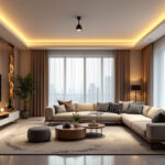 A photograph of a beautifully designed living room showcasing modern recessed lighting fixtures
