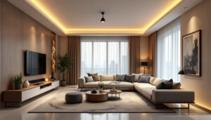 A photograph of a beautifully designed living room showcasing modern recessed lighting fixtures