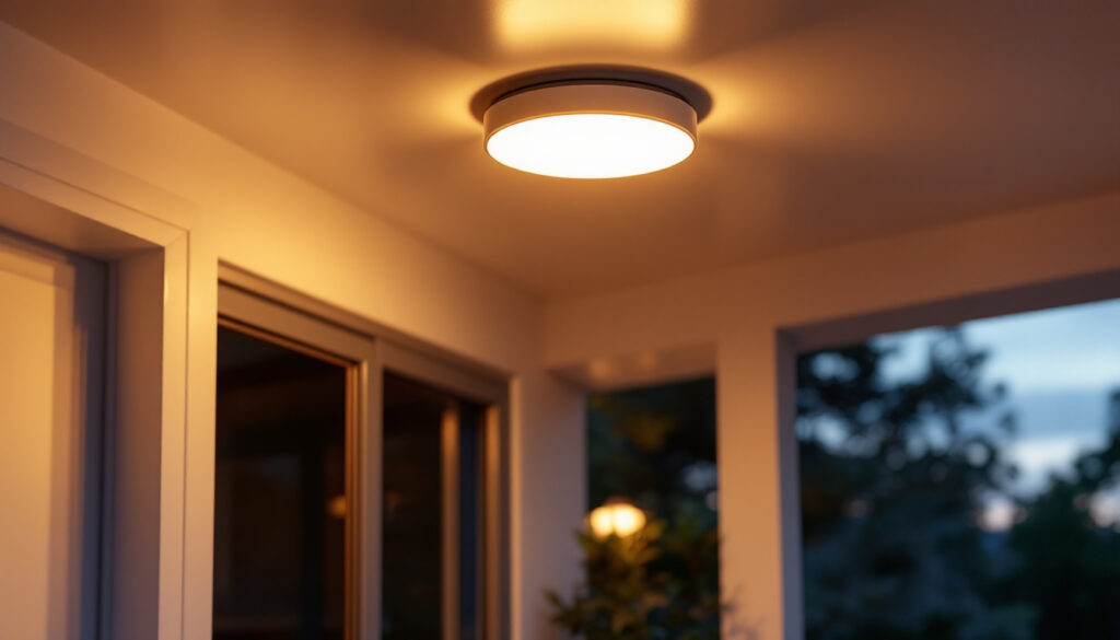 A photograph of a beautifully designed exterior flush mount ceiling light installed on a porch or patio