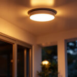 A photograph of a beautifully designed exterior flush mount ceiling light installed on a porch or patio