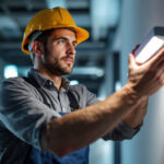 A photograph of a skilled lighting contractor installing or demonstrating an innovative led emergency light in a modern setting