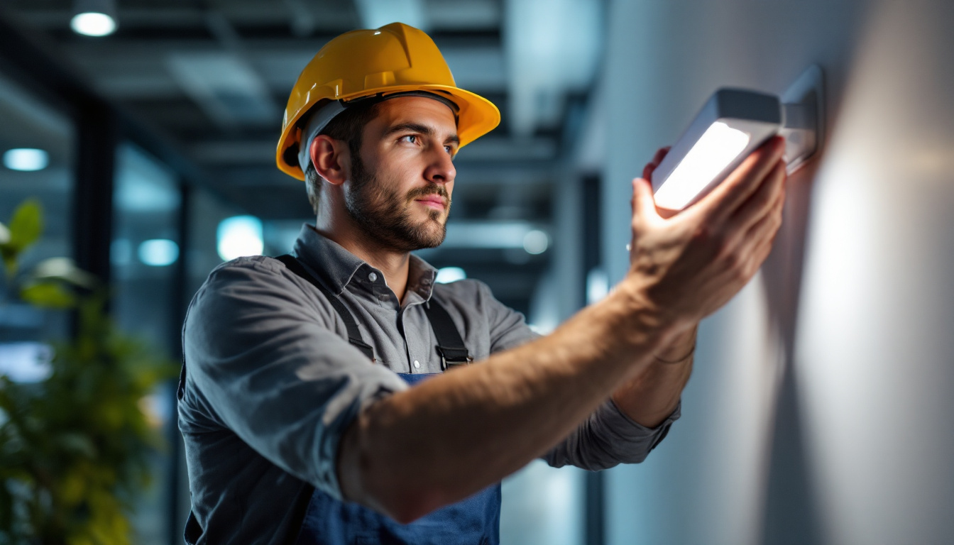 A photograph of a skilled lighting contractor installing or demonstrating an innovative led emergency light in a modern setting