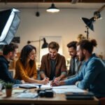 A photograph of a diverse group of team members engaged in a hands-on lighting training session