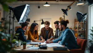 A photograph of a diverse group of team members engaged in a hands-on lighting training session