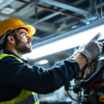 A photograph of a lighting contractor expertly installing led t8 bulbs in a commercial setting