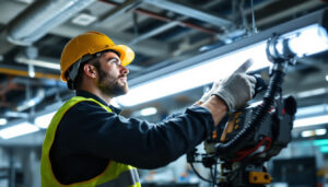 A photograph of a lighting contractor expertly installing led t8 bulbs in a commercial setting