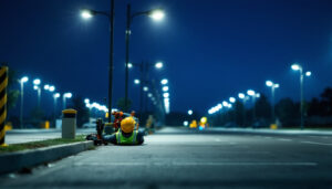 A photograph of a lighting contractor installing or adjusting parking lamps in a well-lit parking lot