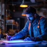 A photograph of a lighting contractor demonstrating the use of a uv light box in a well-lit workspace