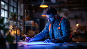 A photograph of a lighting contractor demonstrating the use of a uv light box in a well-lit workspace
