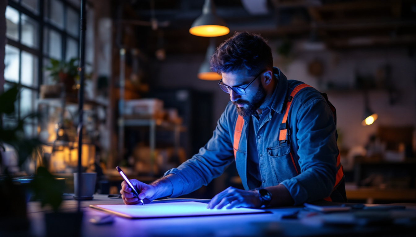 A photograph of a lighting contractor demonstrating the use of a uv light box in a well-lit workspace
