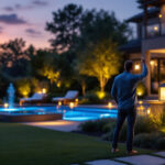 A photograph of a lighting contractor showcasing a stunning outdoor lighting installation in a beautifully landscaped setting