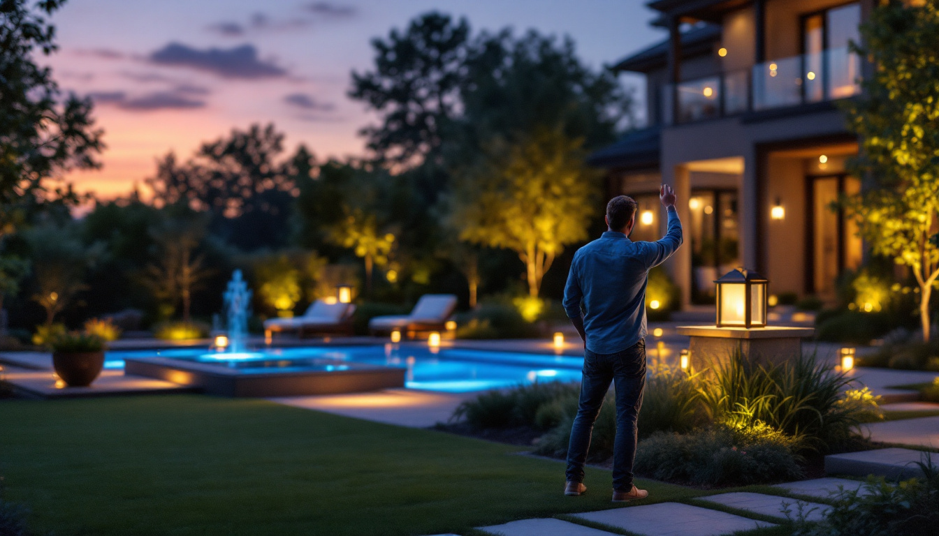 A photograph of a lighting contractor showcasing a stunning outdoor lighting installation in a beautifully landscaped setting