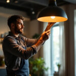 A photograph of a skilled lighting contractor adjusting a stylish pendant light in a beautifully designed interior space