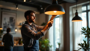 A photograph of a skilled lighting contractor adjusting a stylish pendant light in a beautifully designed interior space