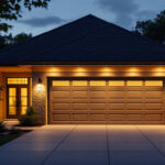 A photograph of a beautifully illuminated exterior garage showcasing a variety of innovative lighting solutions