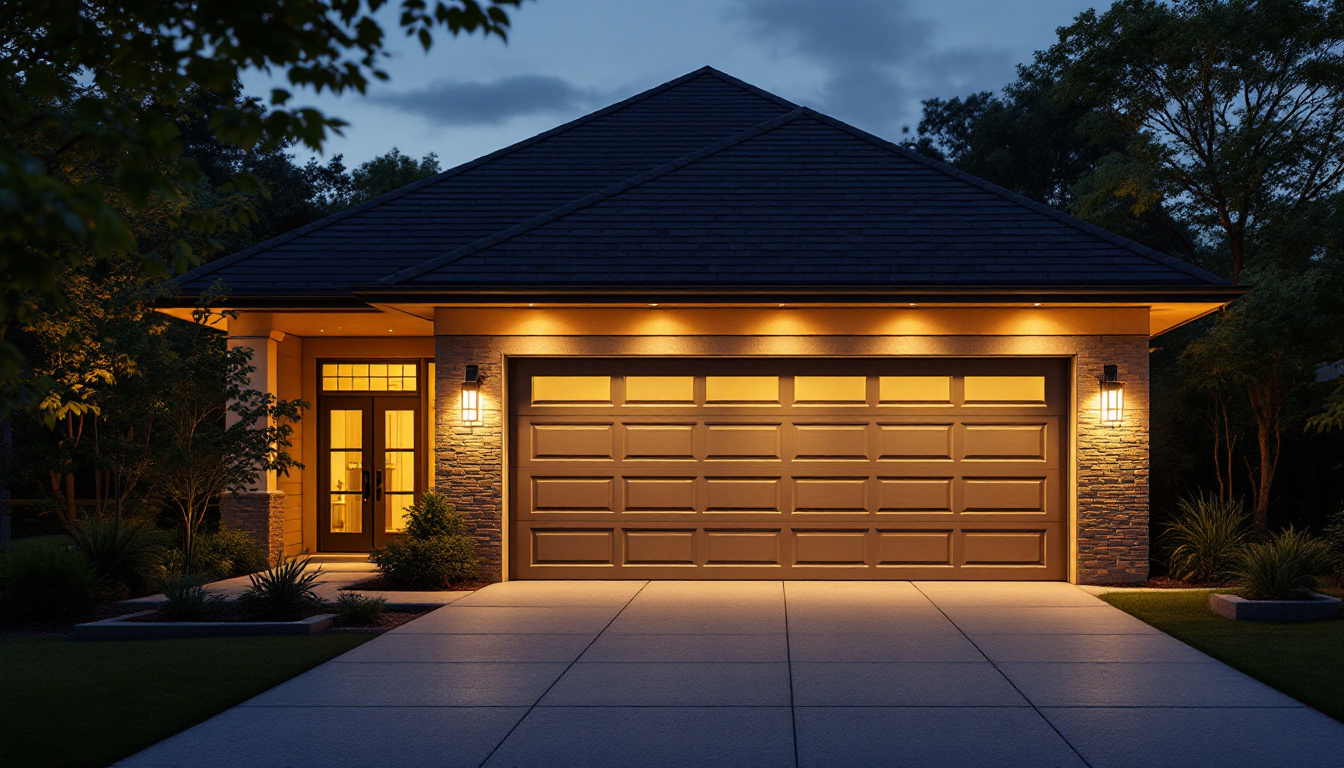 A photograph of a beautifully illuminated exterior garage showcasing a variety of innovative lighting solutions