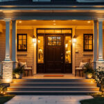A photograph of a beautifully designed outdoor front porch illuminated by stylish