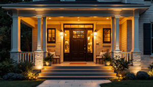 A photograph of a beautifully designed outdoor front porch illuminated by stylish