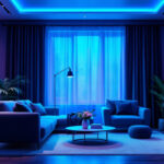 A photograph of a modern lighting installation featuring uv lamps in a stylish interior setting