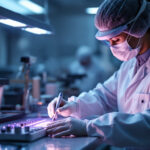 A photograph of a professional setting where a technician is using uv light technology to sterilize equipment