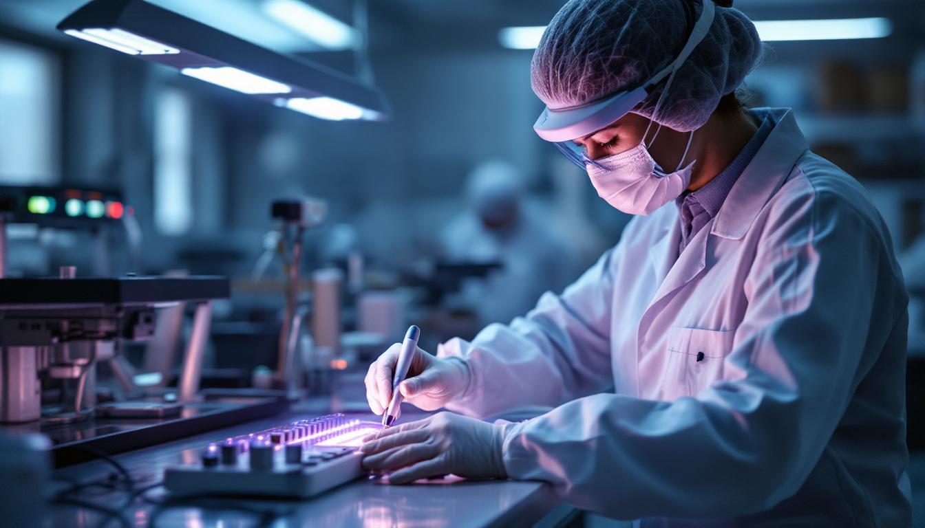 A photograph of a professional setting where a technician is using uv light technology to sterilize equipment