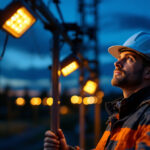 A photograph of a lighting contractor inspecting a flood light installation at dusk