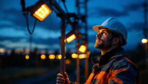 A photograph of a lighting contractor inspecting a flood light installation at dusk